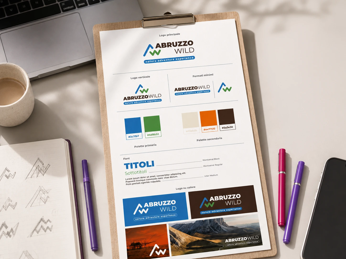 Brand board con logo, palette colori, font ed elementi grafici del brand